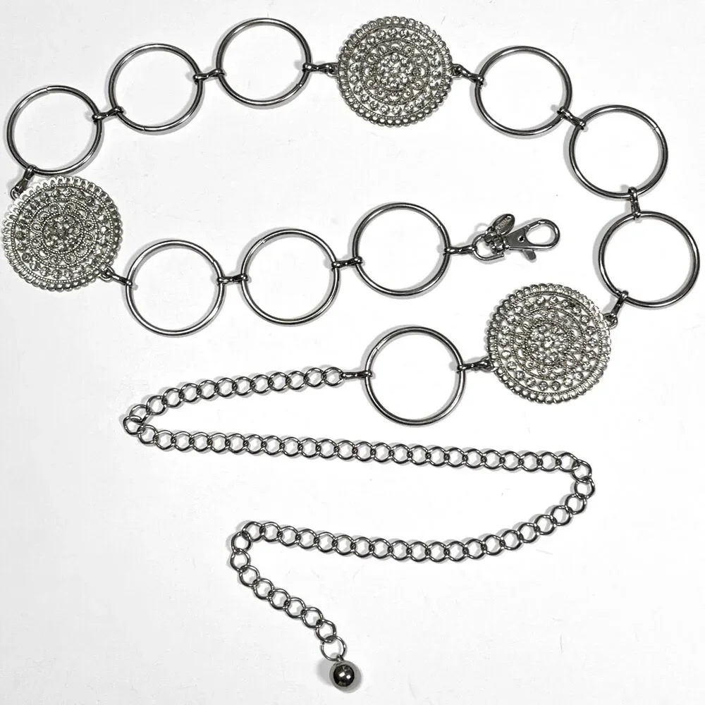 Chunky Chain Belt Women Silver Tone Medallions Rings Rhinestone Concho Y2K 51.5